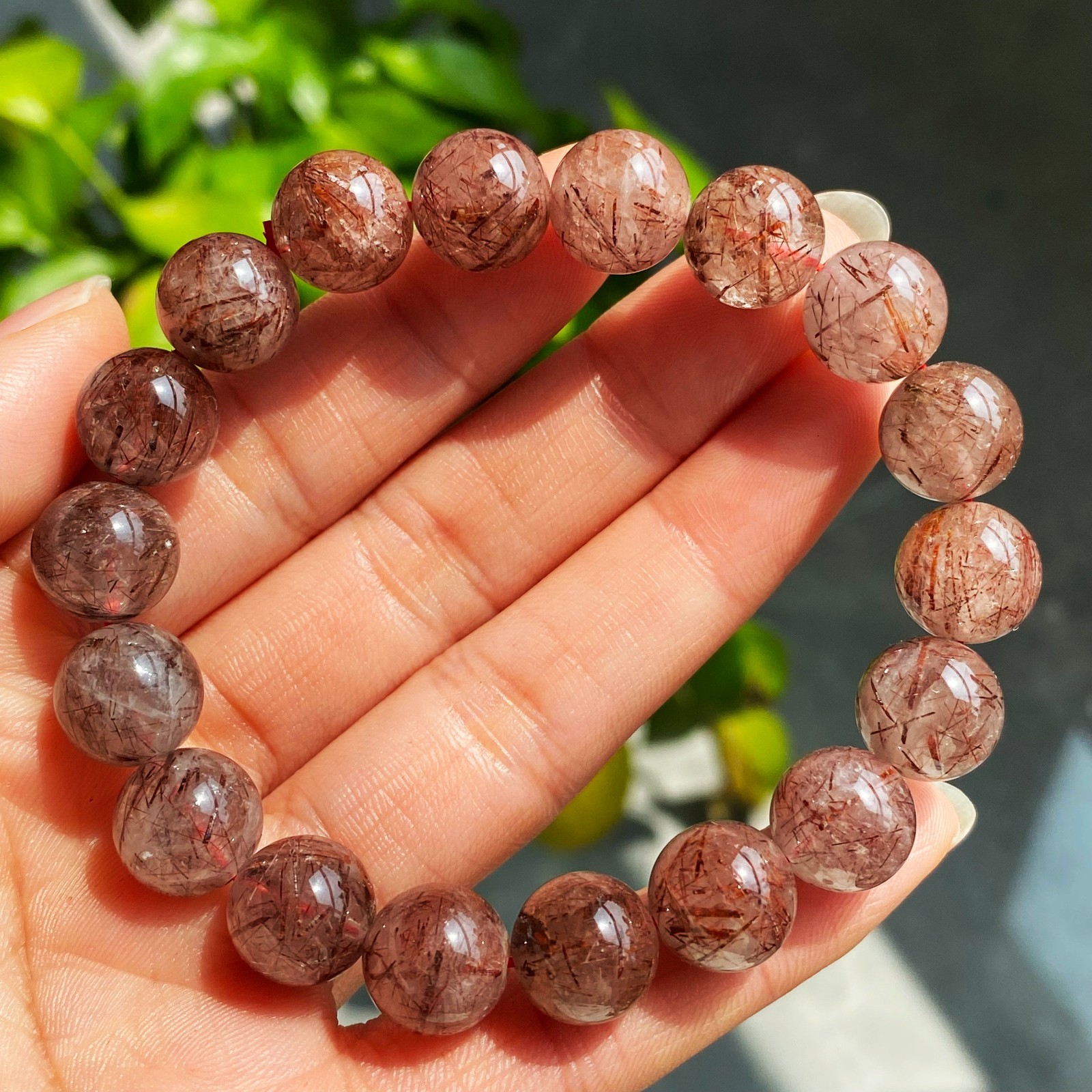 11.3mm Natural Red Rutilated Quartz Crystal Beads Bracelet 2917