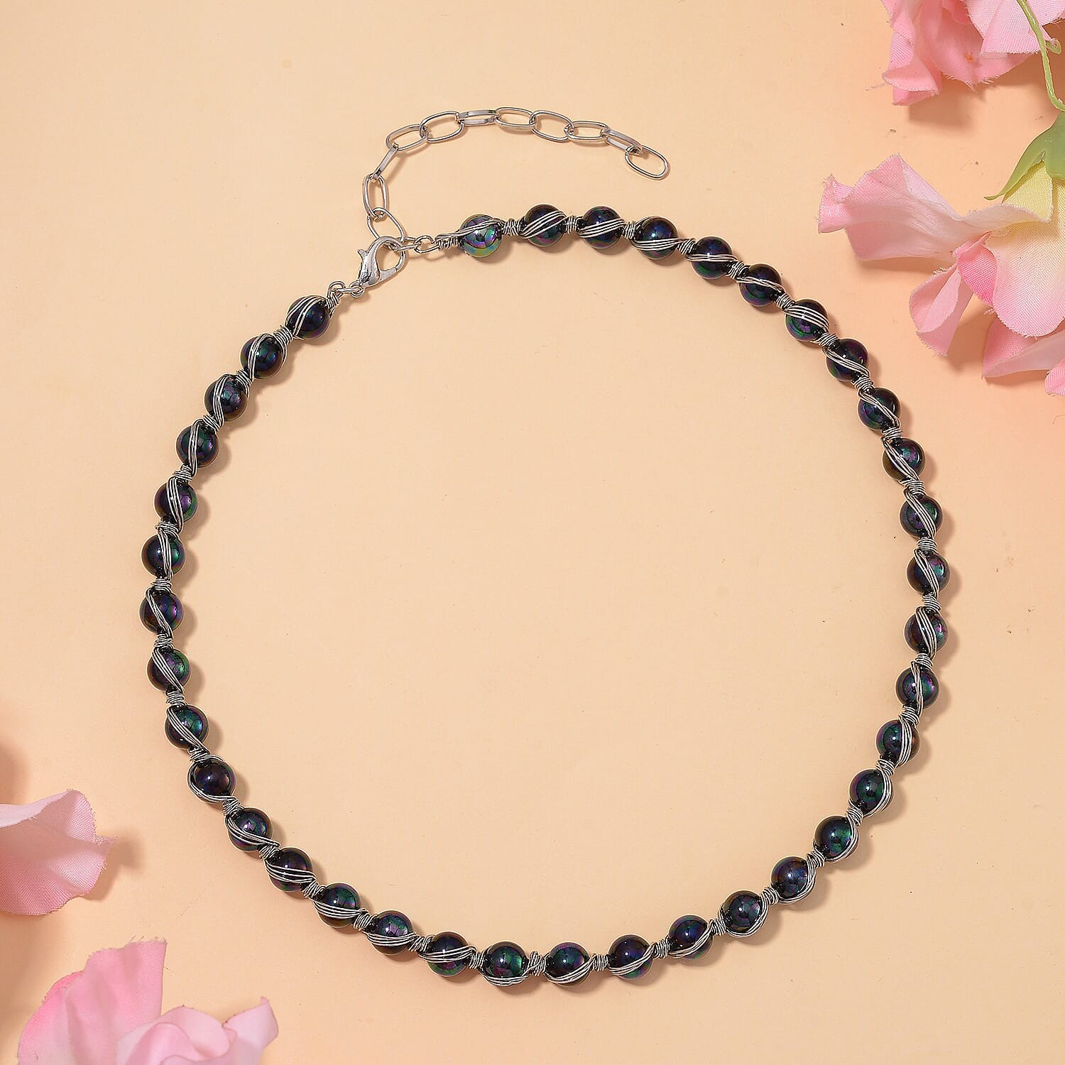 Peacock Color Shell Pearl Chocker Necklace in Silvertone 16-20 Inches