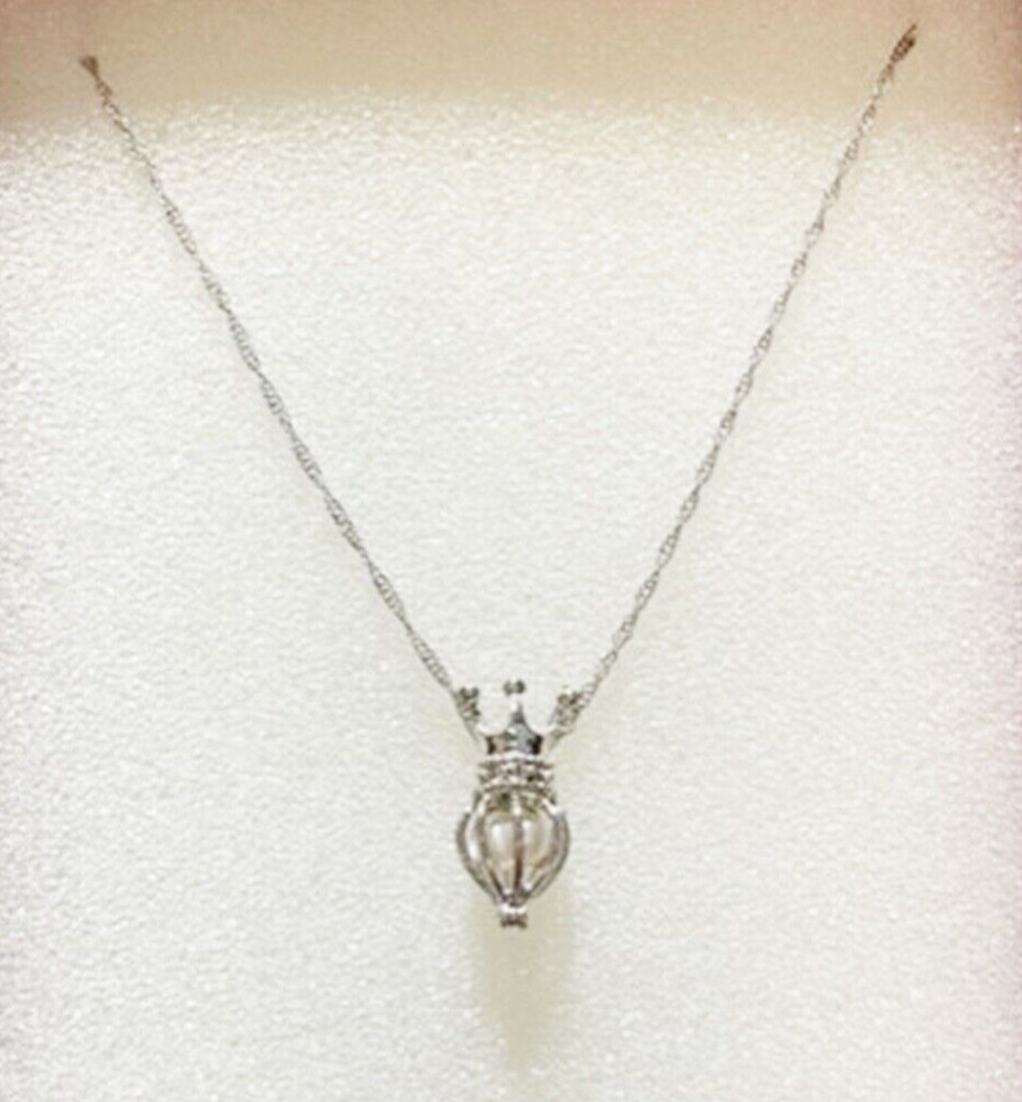 Lucky Crown Cage Pendant Necklace Set with Pearl, Stainless Steel Chain 16″