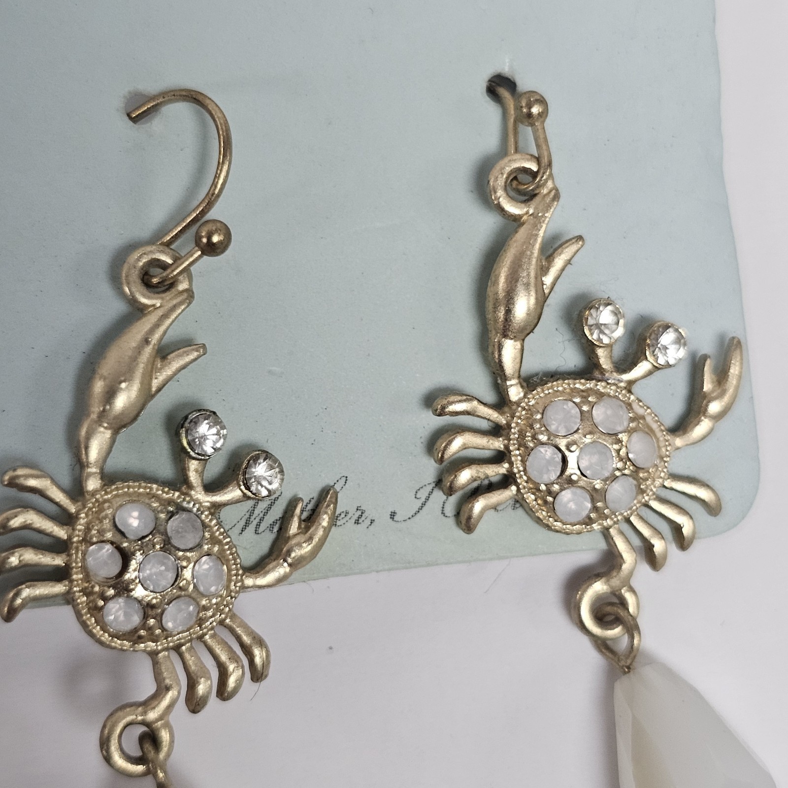 CIEL Collection Crab Dangle Earrings Gold Tone Crystal White Bead Coastal