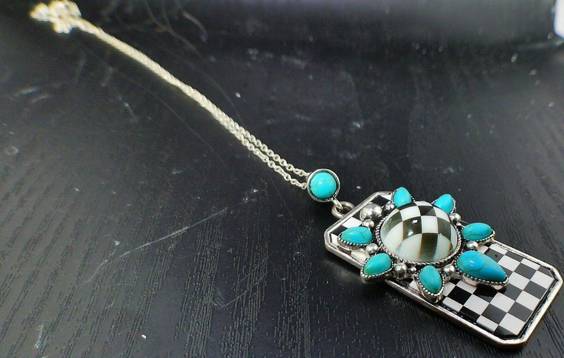 Black White Checkered Turquoise Statement Necklace 18″ 925 Stamped Chain