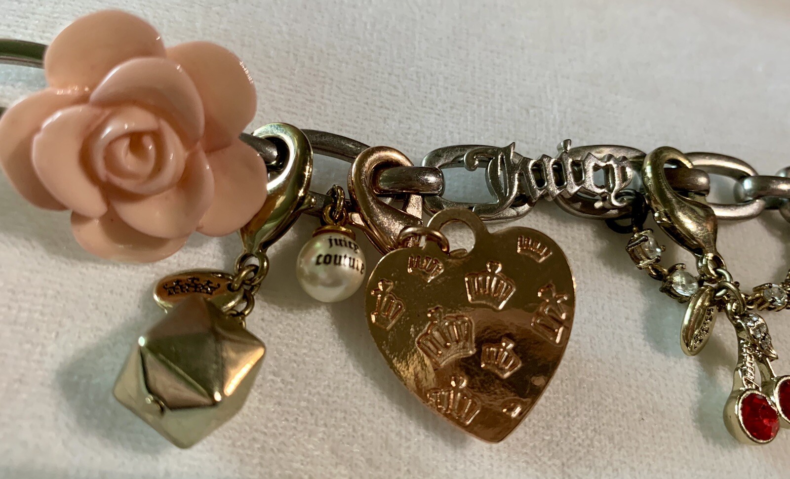 Vintage Y2K Juicy Couture Bracelet With Mixed Heart Dog Lock Charms Box Silver