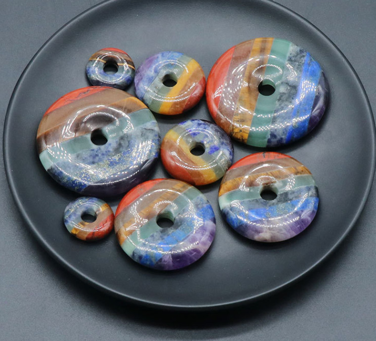 1Pcs Natural Multicolor Gemstone Crystal Round Donuts Large Hole Pendant HT1404