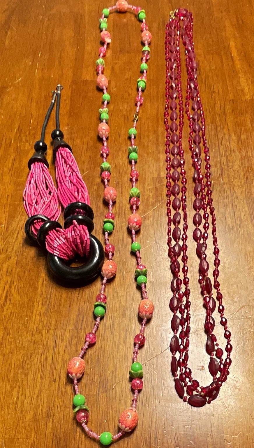 Lot of 3 Hot Pink Plastic Beaded Necklaces Multi-Strand Statement Hawaiian 🌺