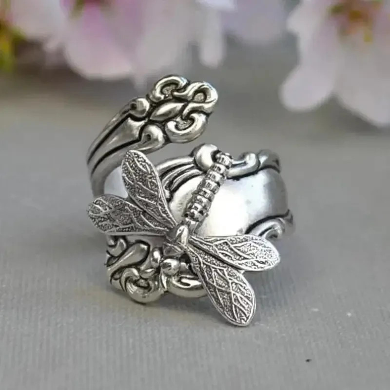 Elegant 925 Sterling Silver Charms Unique Dragonfly Open Ring One Size Fit All
