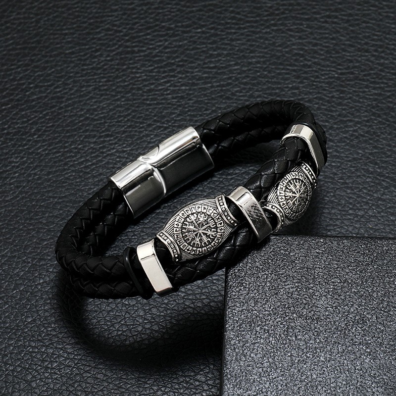 Men’s Black Leather Bracelet Multilayer Braided Rope Scripture Sun Vintage