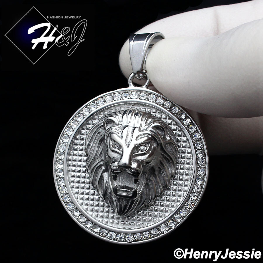 18-36″MEN Stainless Steel 4mm Silver Box Link Chain 3D CZ LION Pendant*109