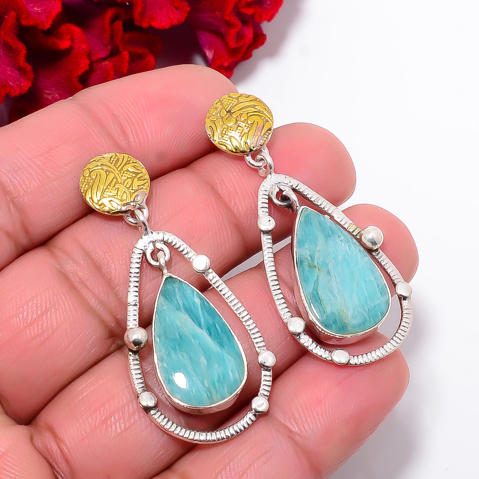 Amazonite – Russia Gemstone 925 Sterling Silver Two Tone Earring 1.83″ E103022