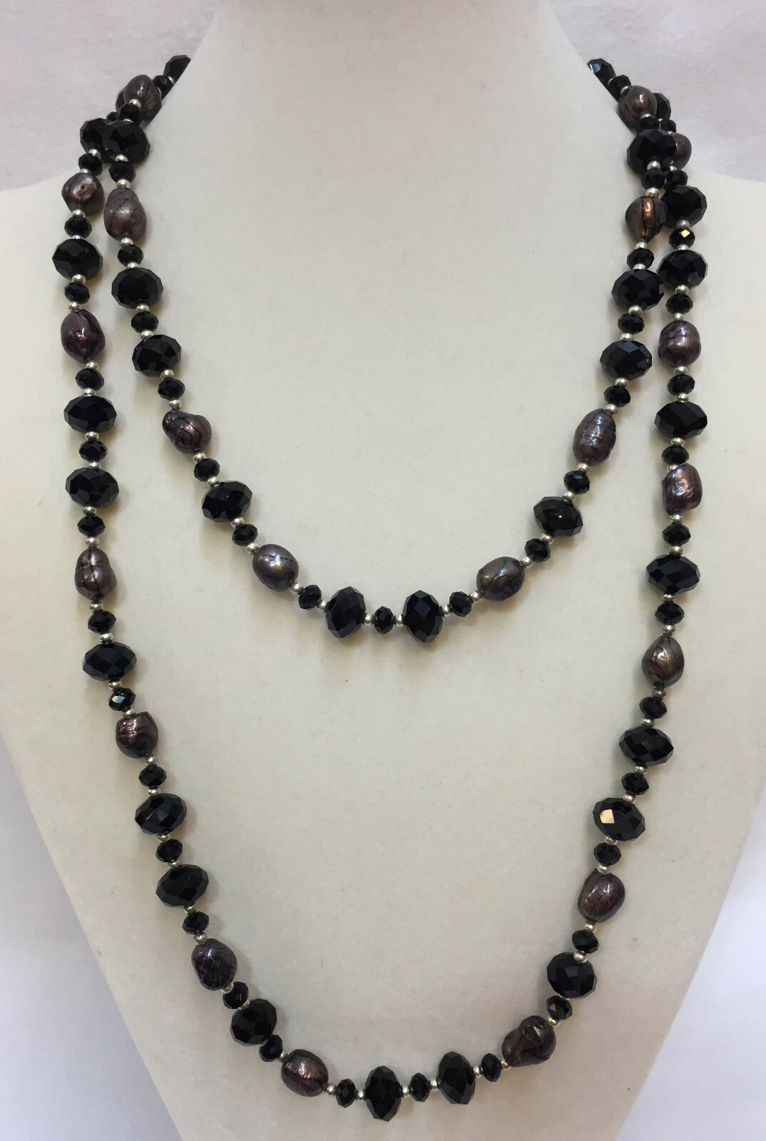Necklace Black Glass Faceted Beads Silver Tone Metal Single Strand String