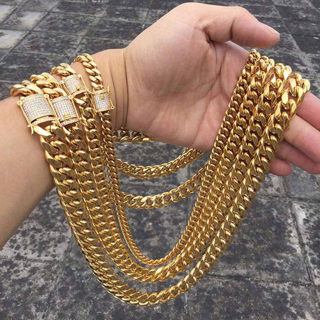 Miami Cuban Link Chain Rhinestone Clasp 14K Gold Plated Stainless Steel 8mm-18mm