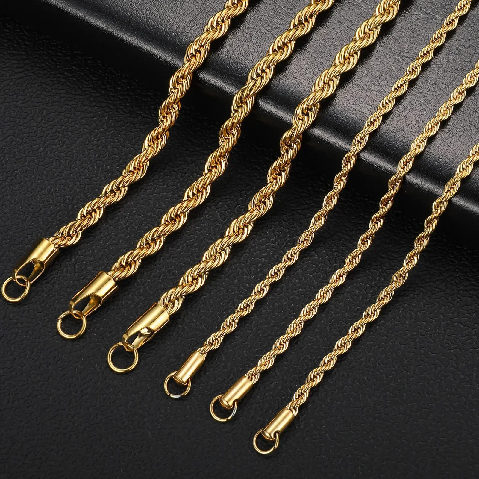 Gold Plated Stainless Steel Rope Chain Necklace 4mm Unisex Men Women