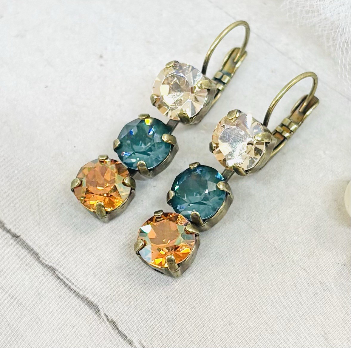 Fall Antique Brass Plated Pine Green Ignite Triple Stone Cup Chain Earrings