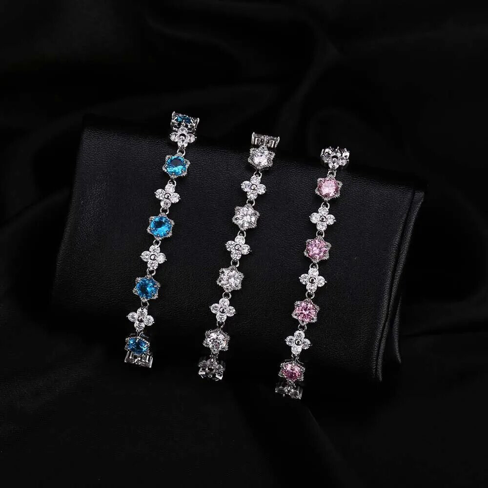 Silver Plated Cubic Zircon Green Flower Star Charm Bracelet Women Party Jewelry