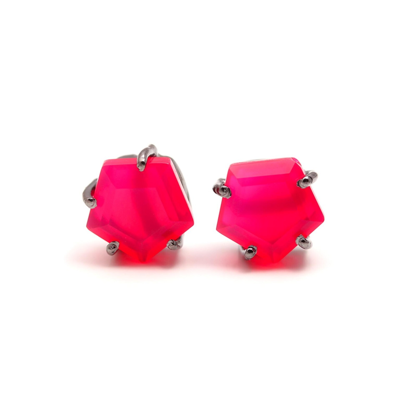 Pink Chalcedony Pentagon Solid Silver Black Oxidized Stud Earrings Birthday Gift