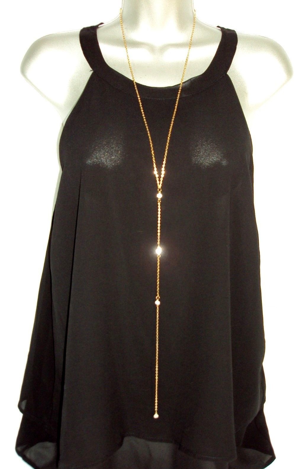 Gold Rhinestone Lariat Necklace Long Y Drop Back Chain Dainty Thin Simple Bling