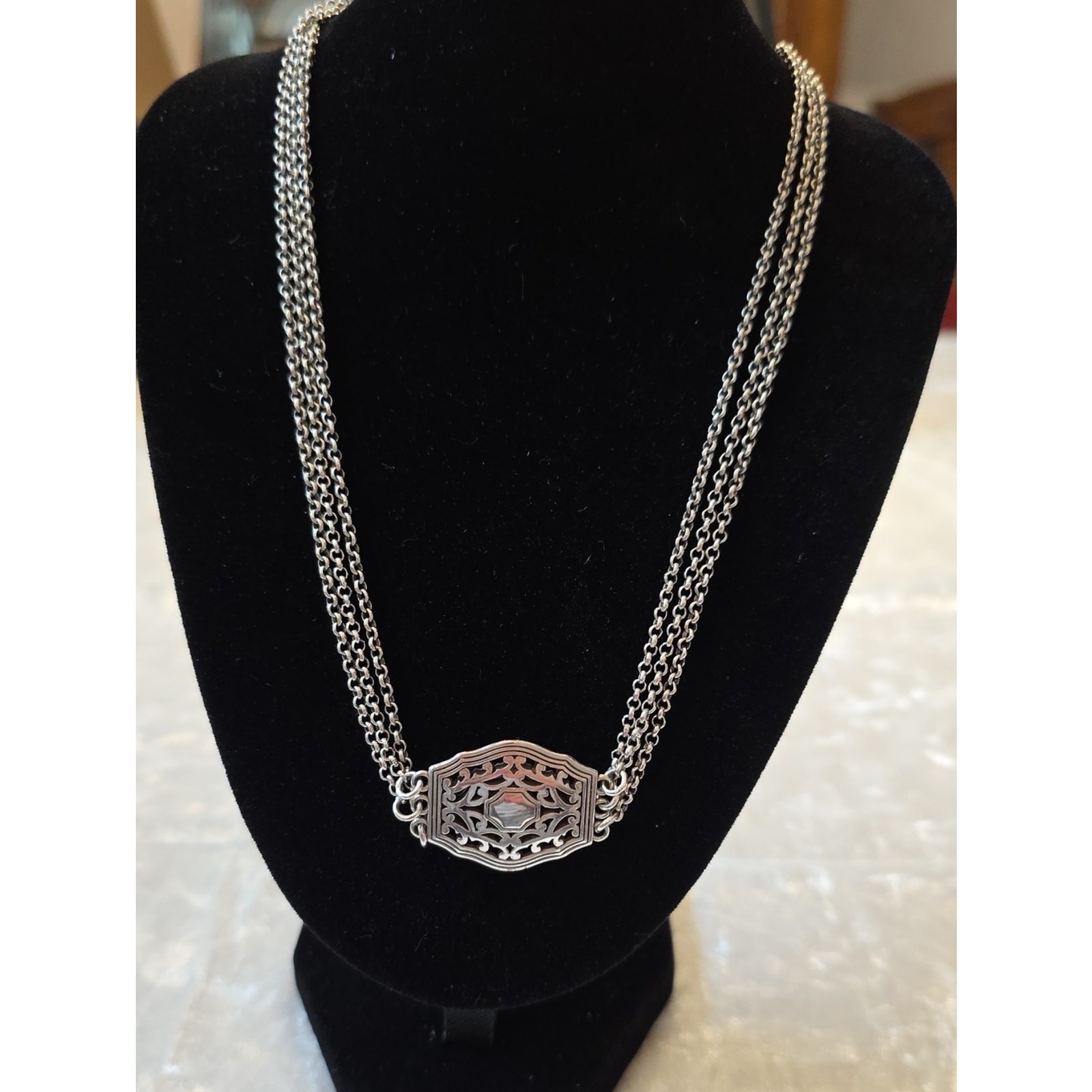 Brighton Silver-Tone Art Deco Filigree Triple Strand Necklace