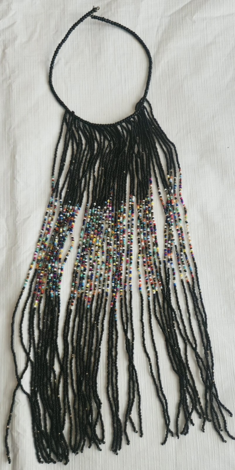 Black Multicolor Glass Beaded Statement Necklace Fringe Tassel Hook Closure