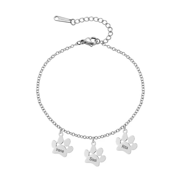 Custom 1-4 Name Dog Cat Paw Print Bracelet Pets Stainless Steel Chain Jewelry
