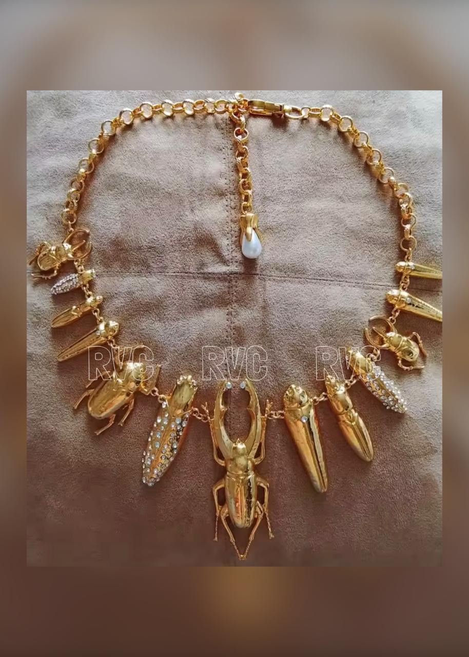 Gold Plated Beetle Pendant Necklace Surrealist Statement Chunky Insect Art Piece