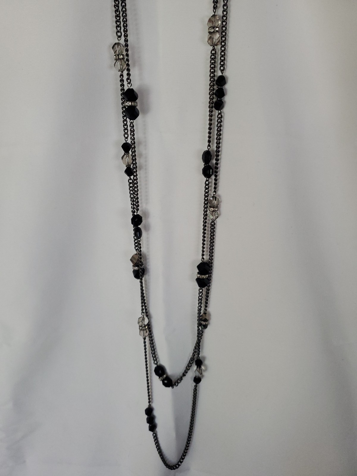 Black Beaded Chain Long Necklace Jet Tone Beads