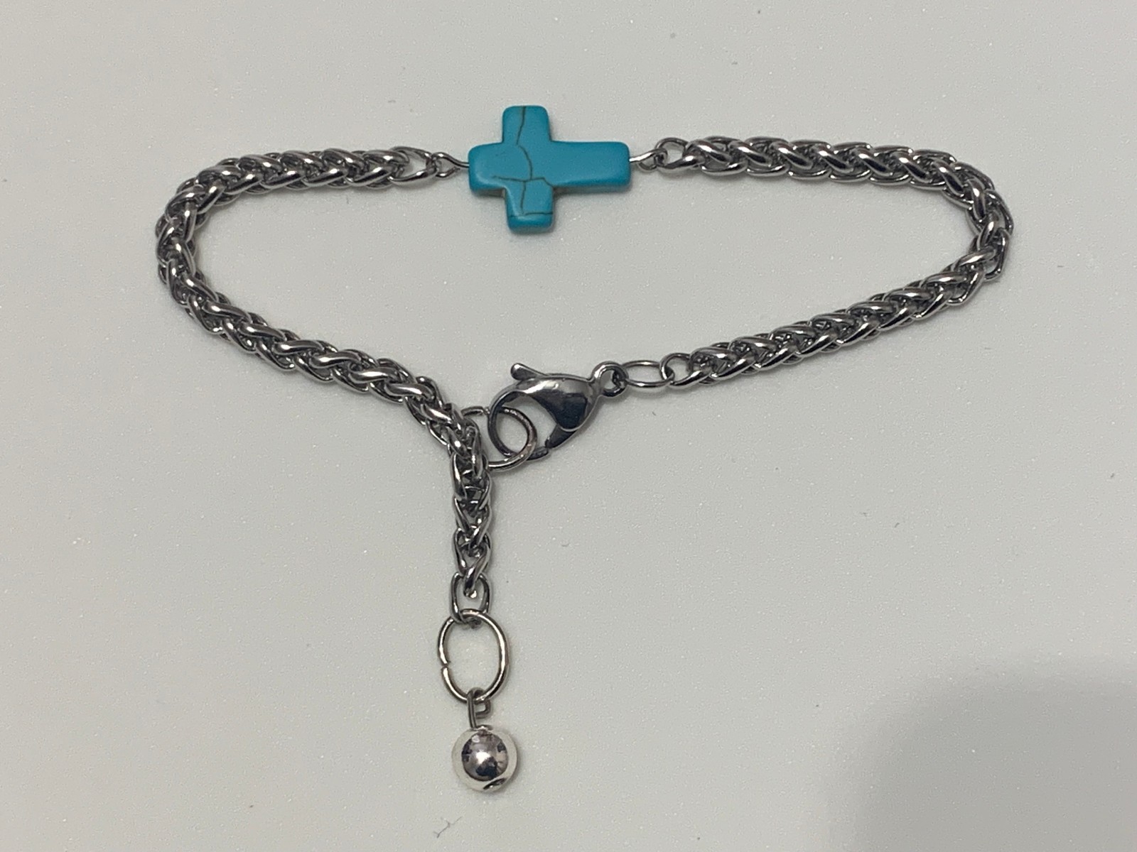 Turquoise Howlite Stone CROSS BRACELET Stainless Steel Spiga Wheat Chain 7-8 NEW