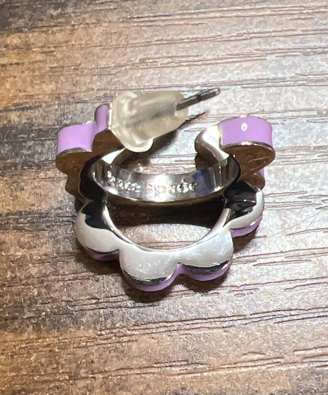 Kate Spade Lilac Scalloped Hoop Stud Signed Earrings, Very Good Condition.
