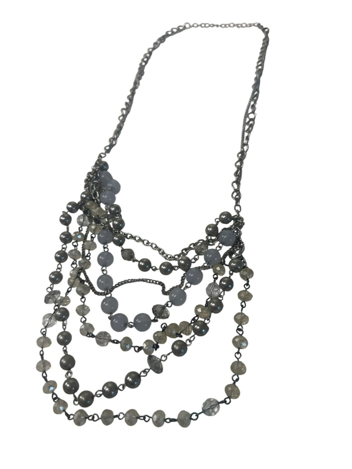 Layered Beaded Chain Necklace Gray & Clear Beads Statement Jewelry Career