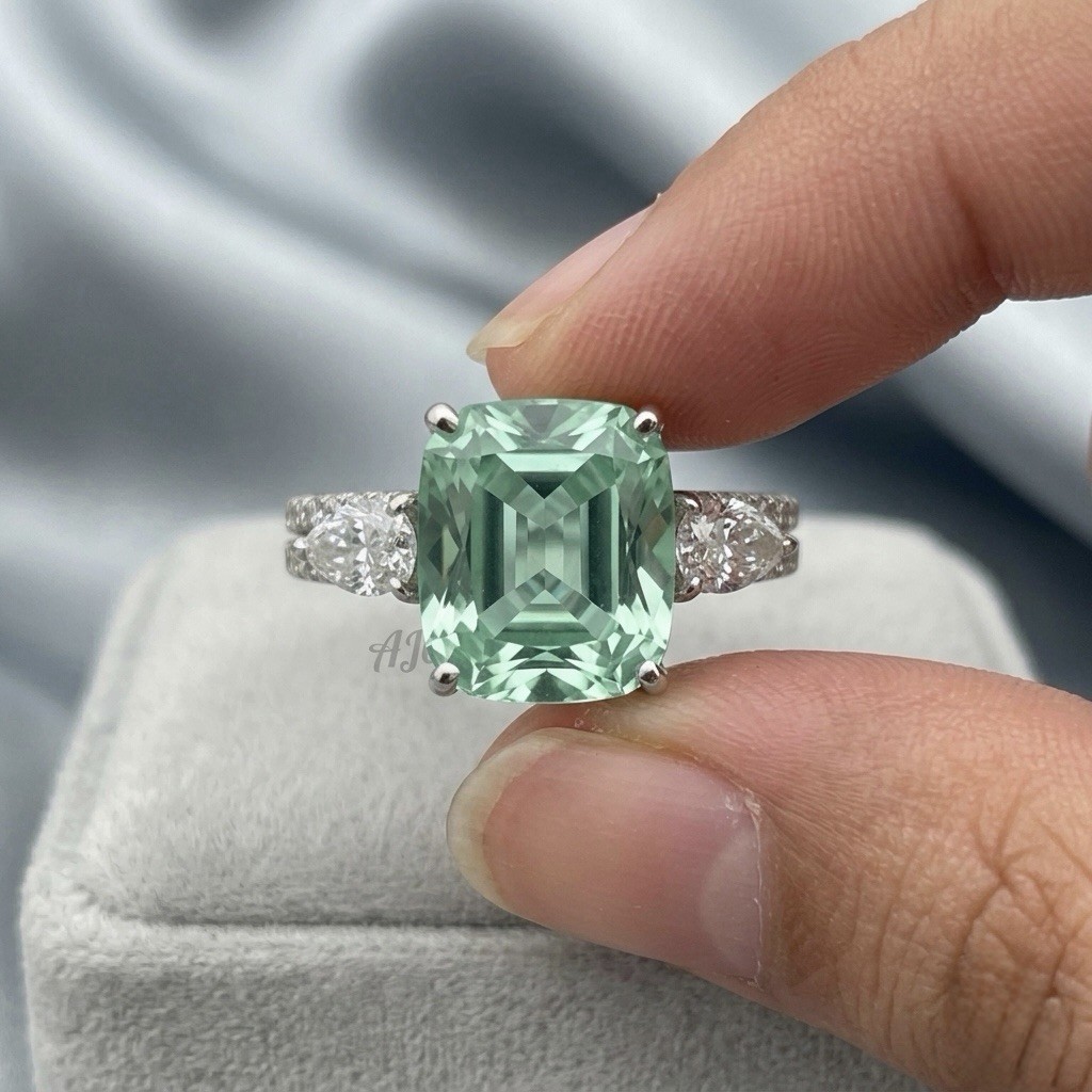 Mint Green Cushion Cut Tourmaline Ring 925 Sterling Silver Women’s Ring.