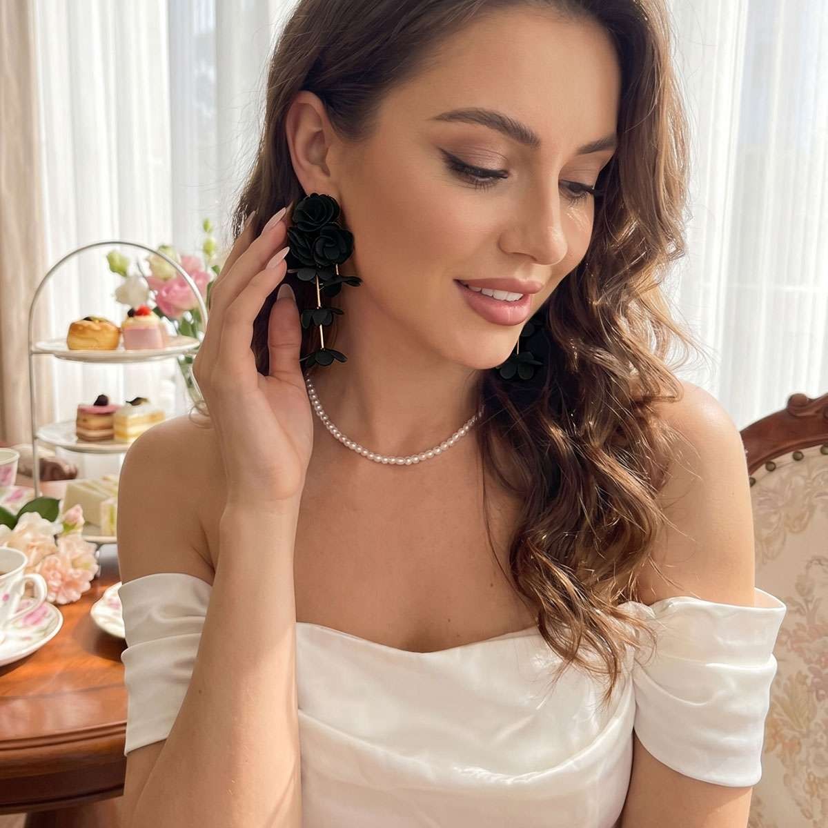 Big Flower Drop Earrings for Women Long Fabric Floral Dangle Earrings Bohem