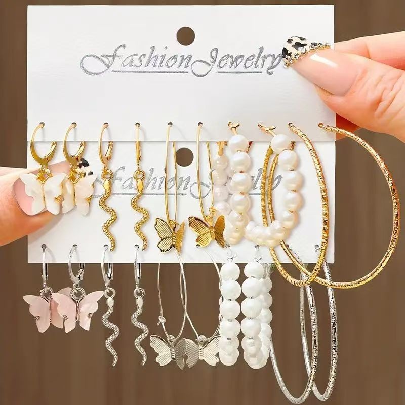 Women’s Butterfly Hoop Earring Set Multiple Styles Alloy Earrings Golden/Silvery