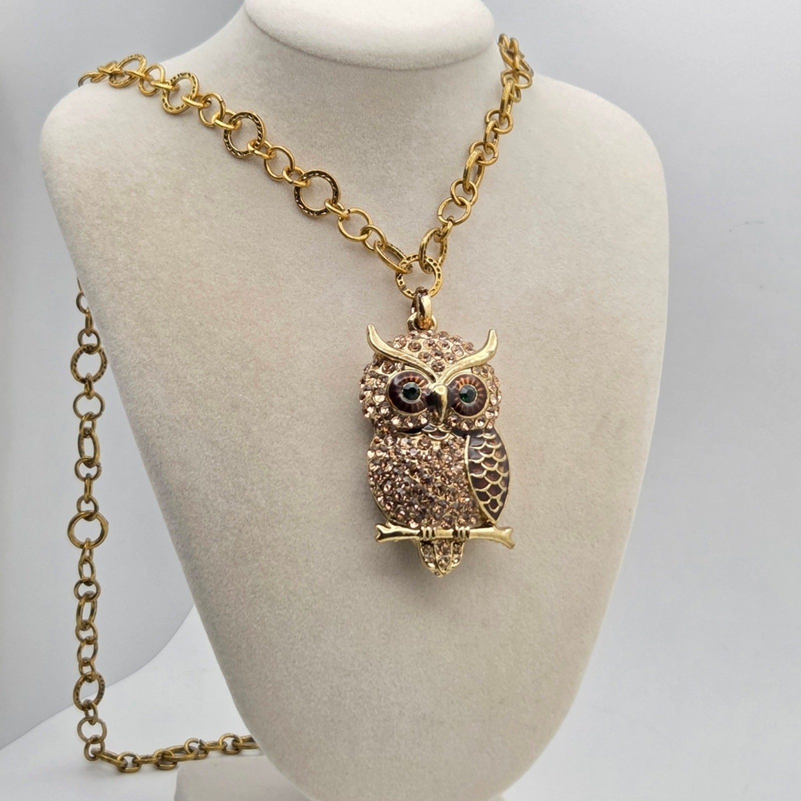 Vintage-Style Pave Crystal & Enamel Owl Statement Necklace