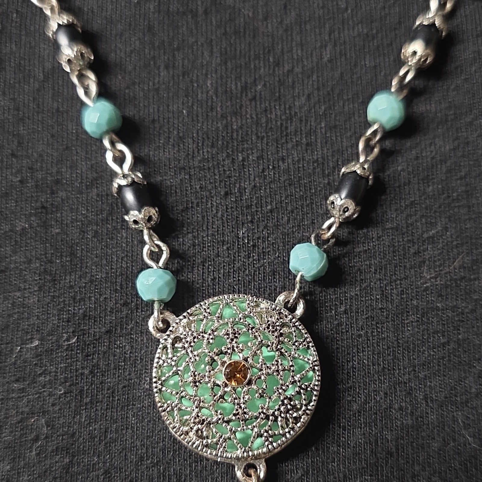Silver Tone Beaded Necklace, Round Locket Pendant, Turquoise & Black Beads