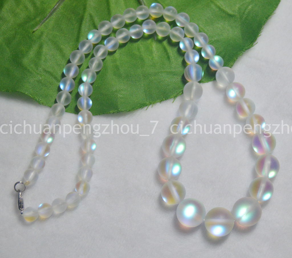 Flash 6-12mm White Gleamy Rainbow Moonstone Round Gems Beads Necklaces 18″