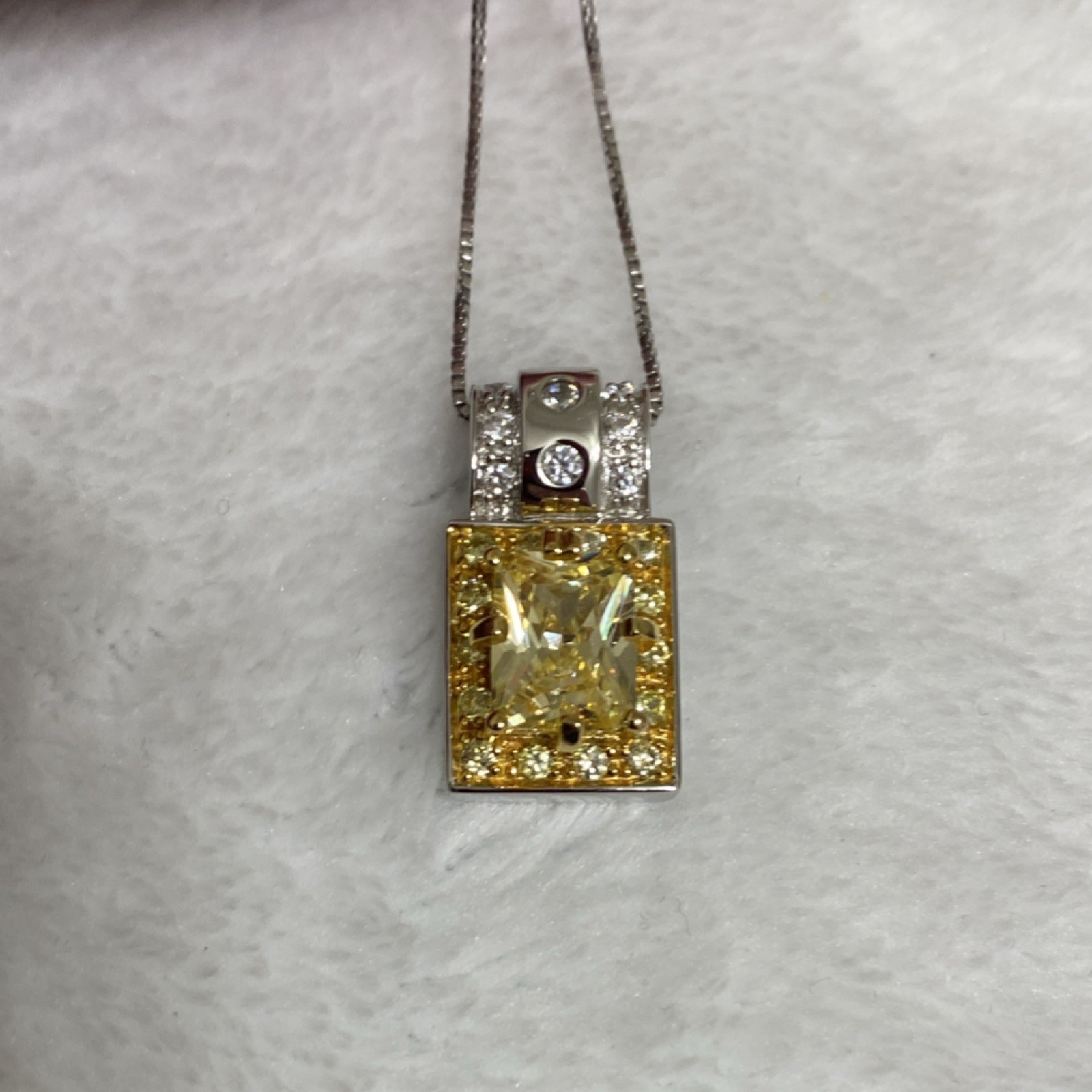 Radiant Rectangular Halo Solitaire Vibrant Canary Yellow Pendant.