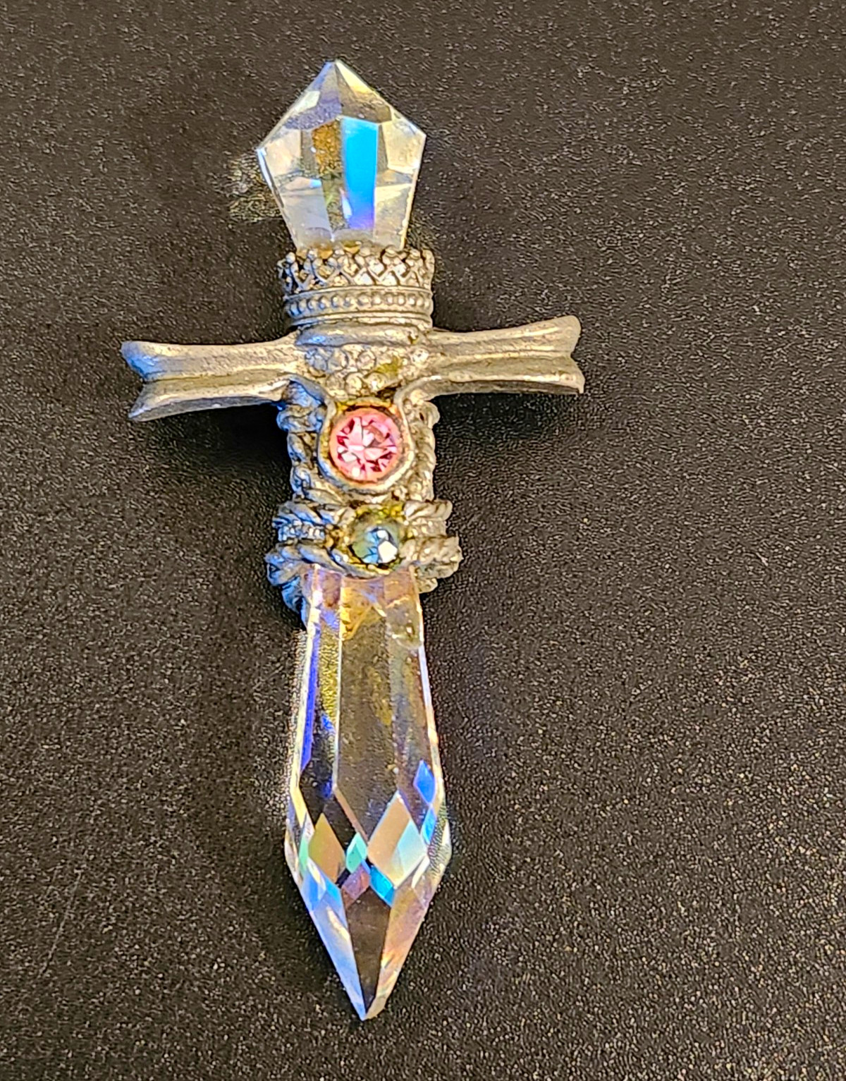 Vintage 1988 Gallo Pewter Wizard Dagger Crystal Prism Pendant Necklace