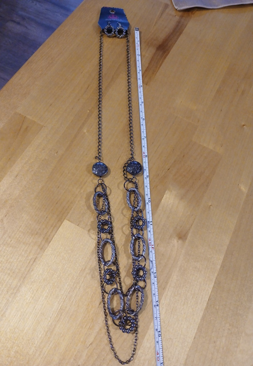 Paparazzi Gunmetal Gray Layered Chain Interlocking Hoop Necklace Earrings Set