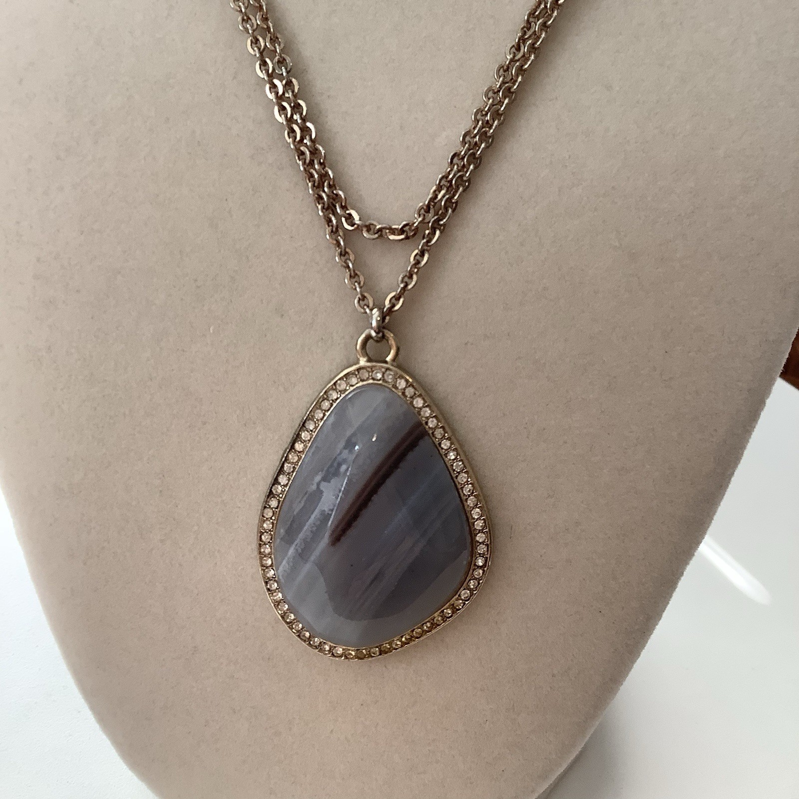Banana Republic Necklace With Large Teardrop Gray Agate Stone In Goldtone Chain