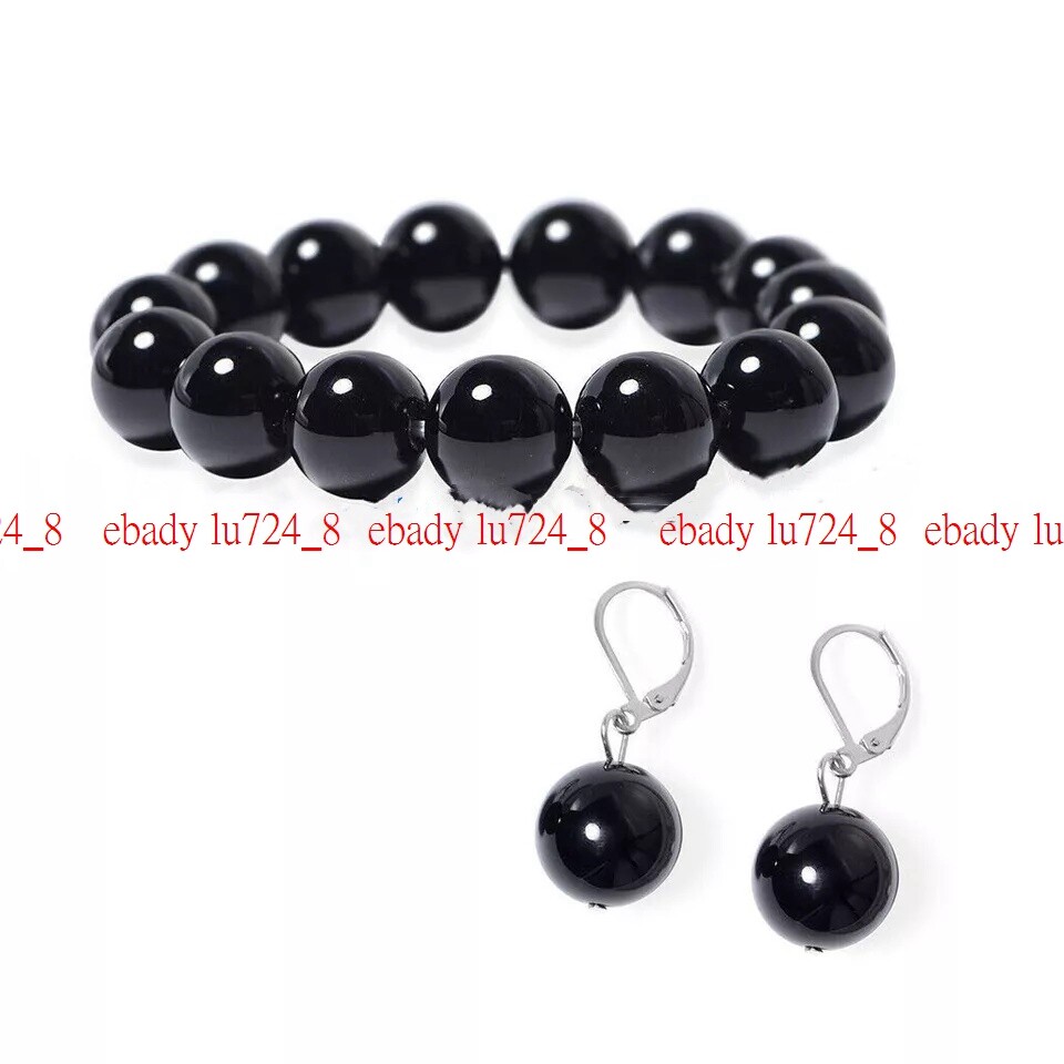 8/10/12/14mm Black Agate Gemstone Round Beads Bracelet Earring Set