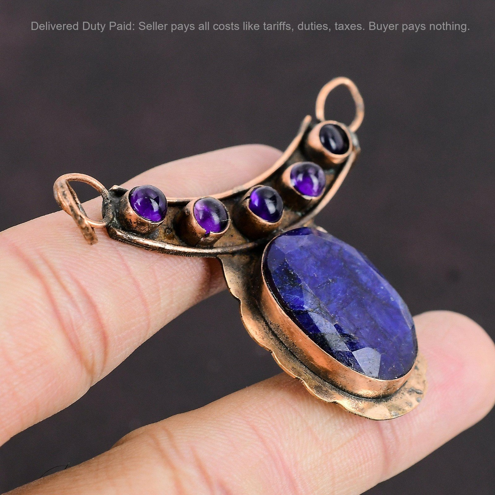 Christmas Sale Copper Oval Natural Blue Saphire African Amethyst Wedding Pendant