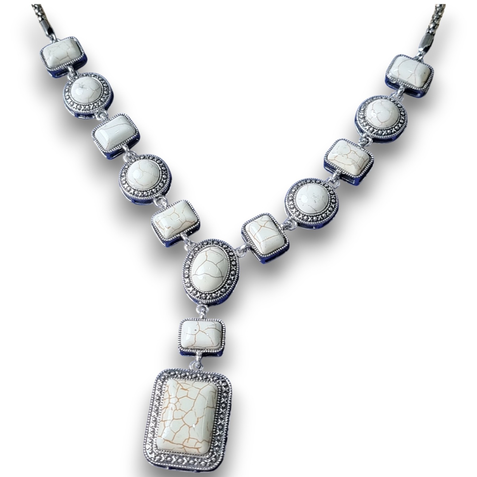 Boho White Ivory Statement Necklace Silver Tone Western Drop Bib Jewelry Gift