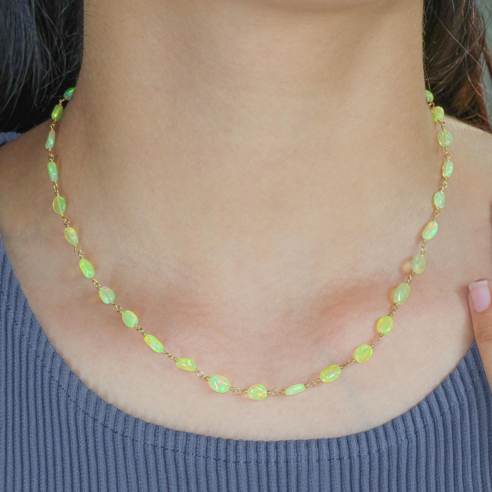 Multifire Yellow Opal Tumble Beads Wire Wrap Necklace, Ethiopian Opal Handmade