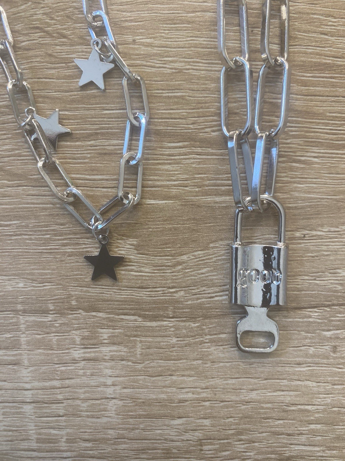 2pc Silver Paperclip Chain Necklace Set Star Charm Padlock Pendant
