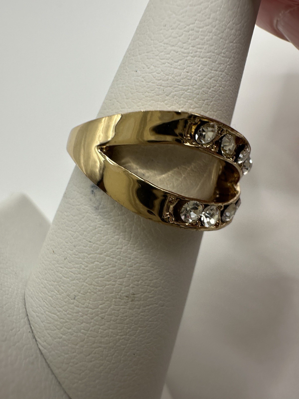 Gold Tone Criss Cross Ring With Clear Rhinestone Or Crystals Size 7