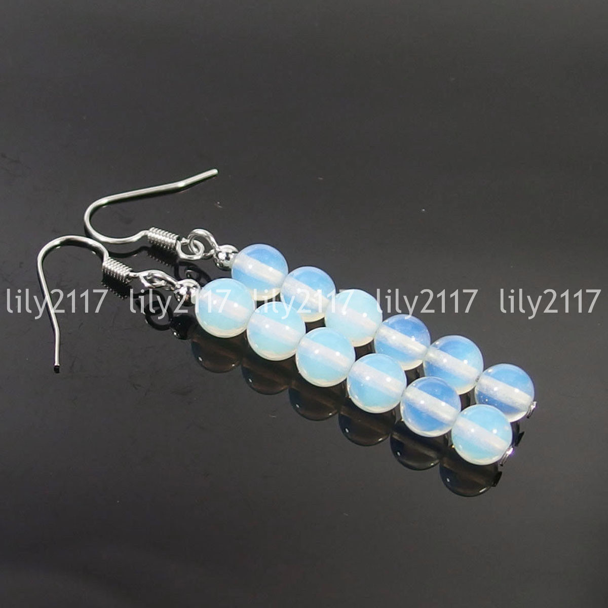 Natural 6-10mm assorted Jade Gemstone Round beads 925 Silver Hook Dangle Earring