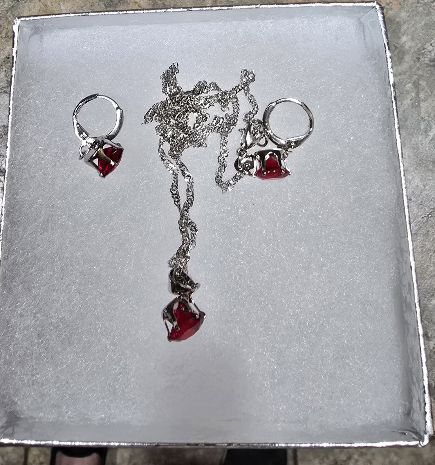 Ruby Crystal & Silver Tone Necklace & Earring Set With Gift Box