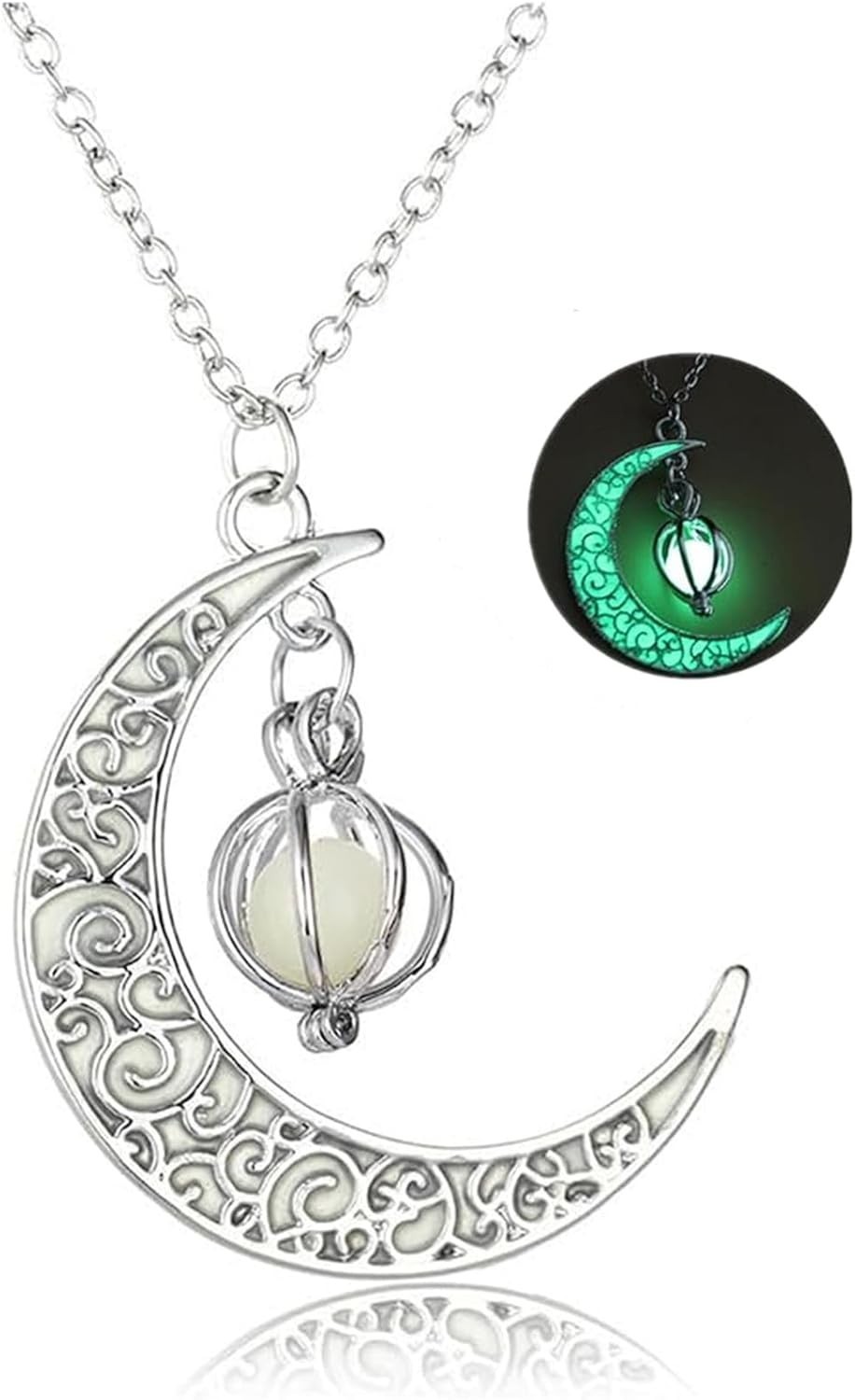 Glow in The Dark Silver Crescent Moon and Orb Necklace Glowing Blue Moon