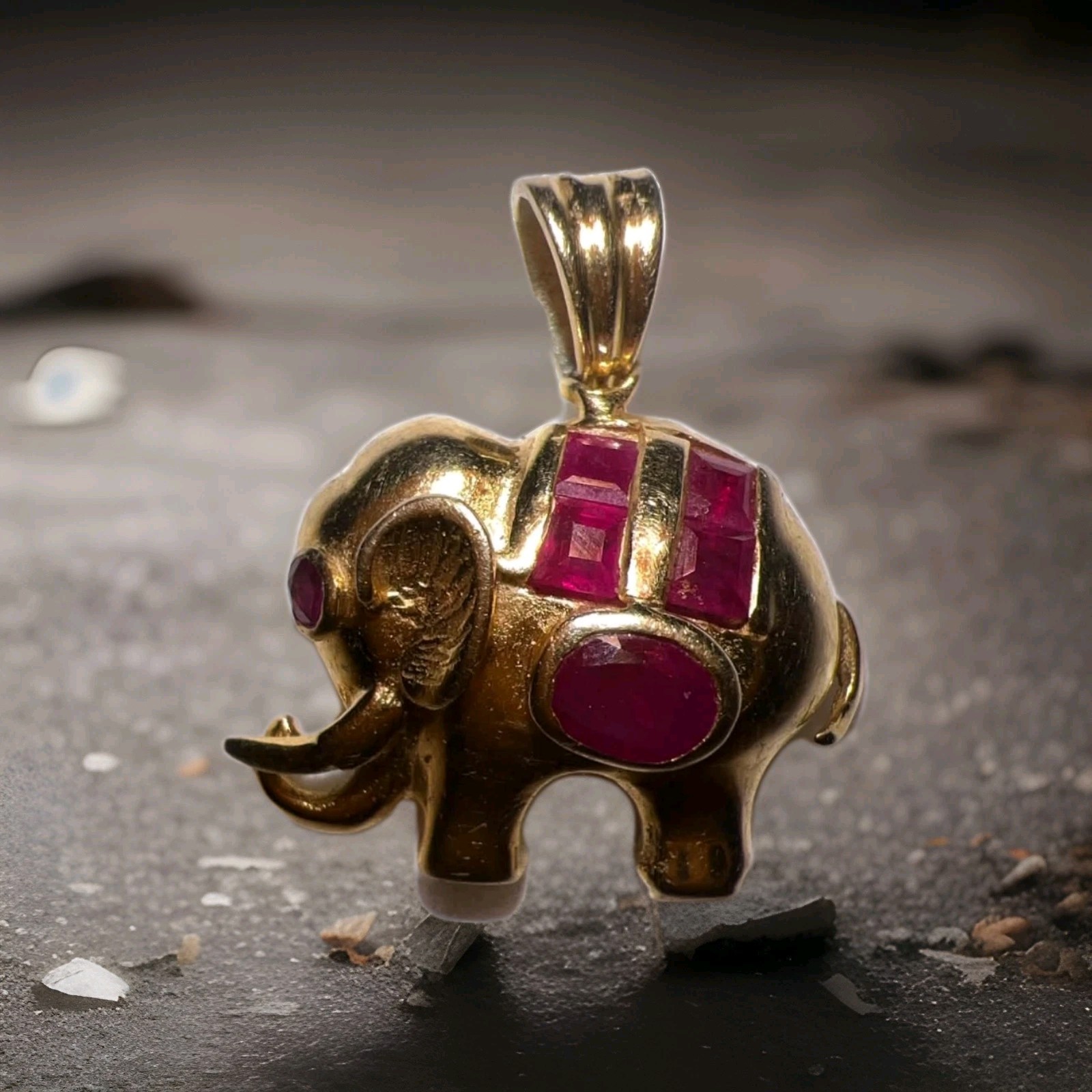 Yellow 14 k Gold Elephant Charm Pendant 4 Oval Red Ruby Stones rjs handmade