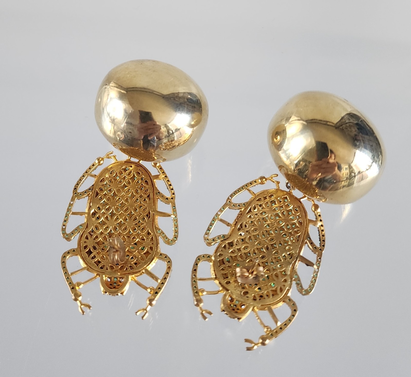 Oversized Beetle Earrings Gold Plated & Pave Simulated Emerald Begum Khan Style