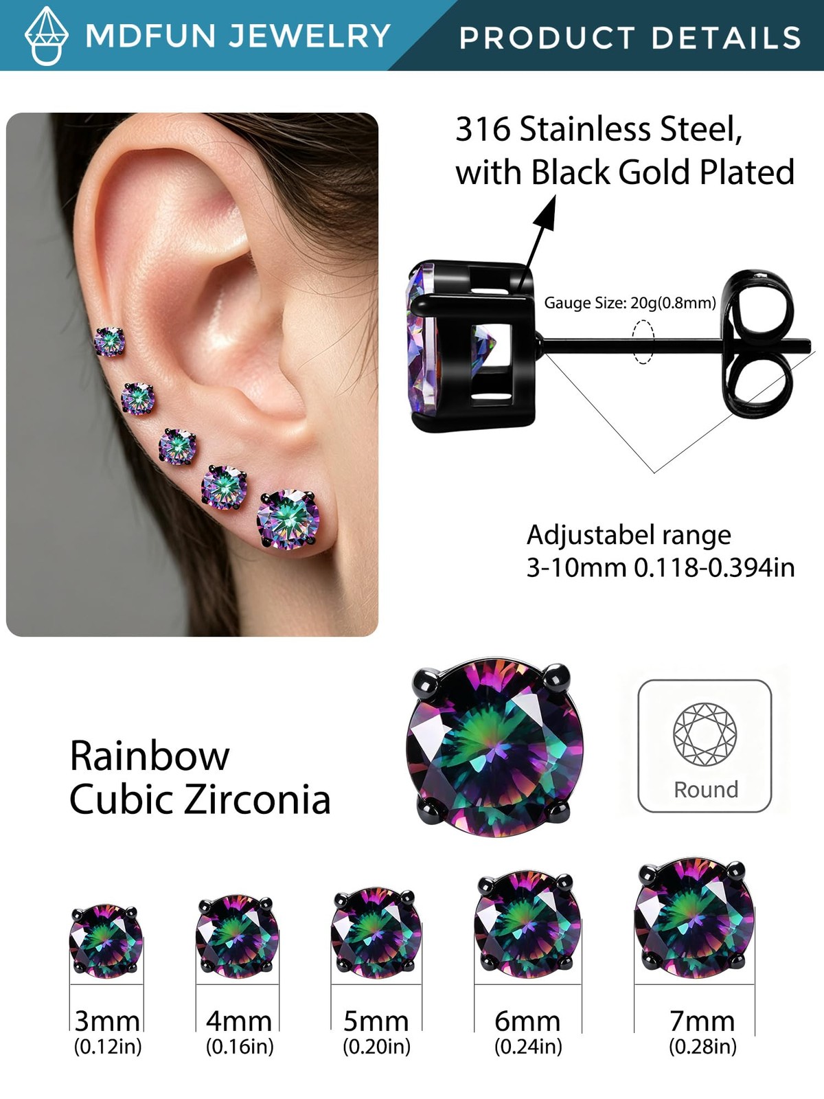 5 Pairs Stud Earrings Set for Men 3-7MM 316L Stainless Steel/Brass Round & Sq…