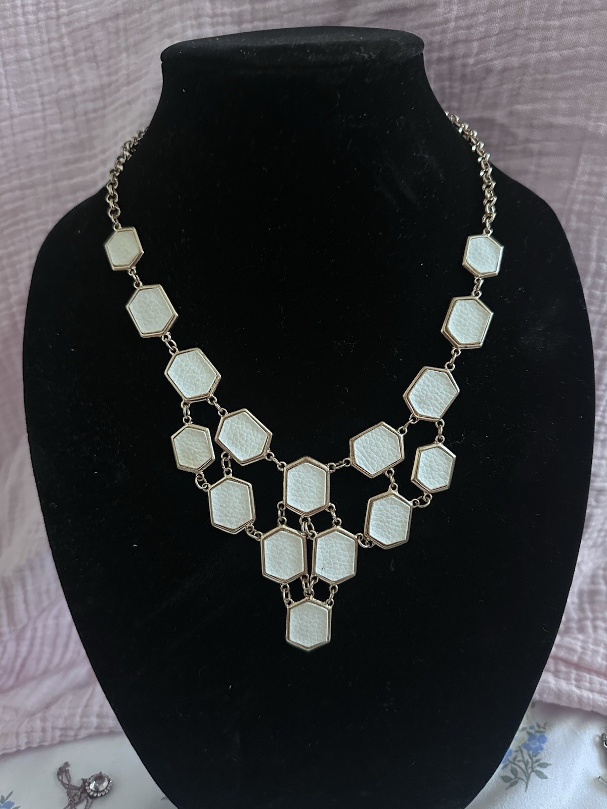 Gold Tone White Hexagon Textured Panel Statement Bib Fashion Necklace